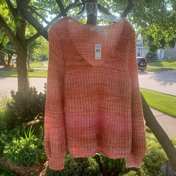 LOFT SPACEDYE KNIT V NECK SWEATER SIZE MEDIUM NWT PINK ORANGE  PASTELS - Picture 3 of 15